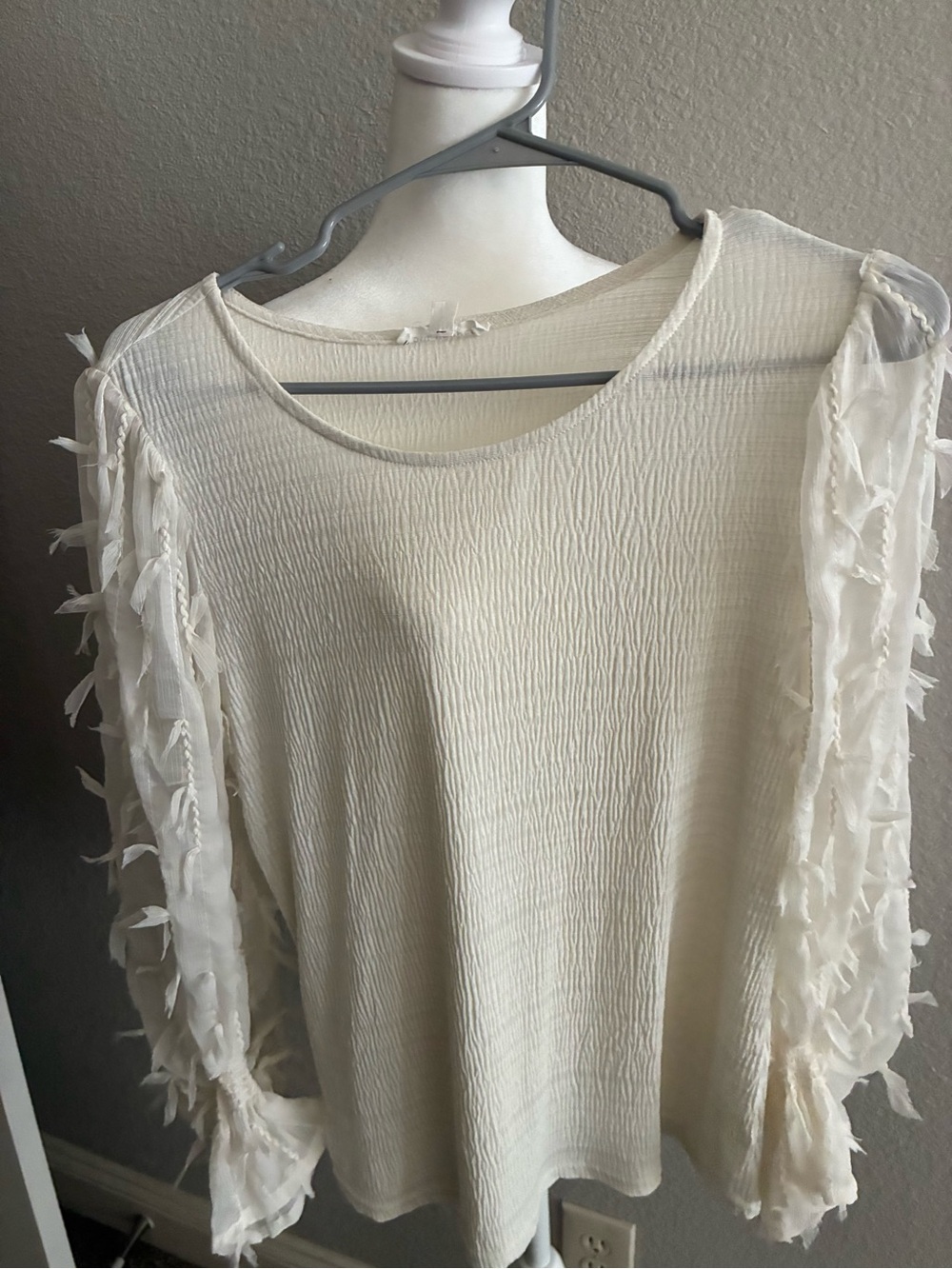 Blu Pepper Cream Textured Blouse with Fringe Sleeve Detail
